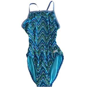 Sz 36 Dolphin Multicolor Swim Bathing Suit Fully Lined Racing Back EUC